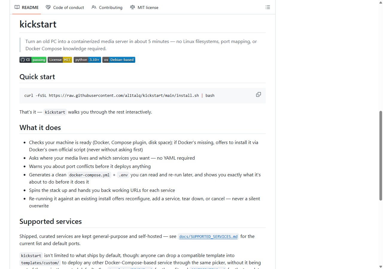 Kickstart GitHub README showing the quick start and supported setup workflow.