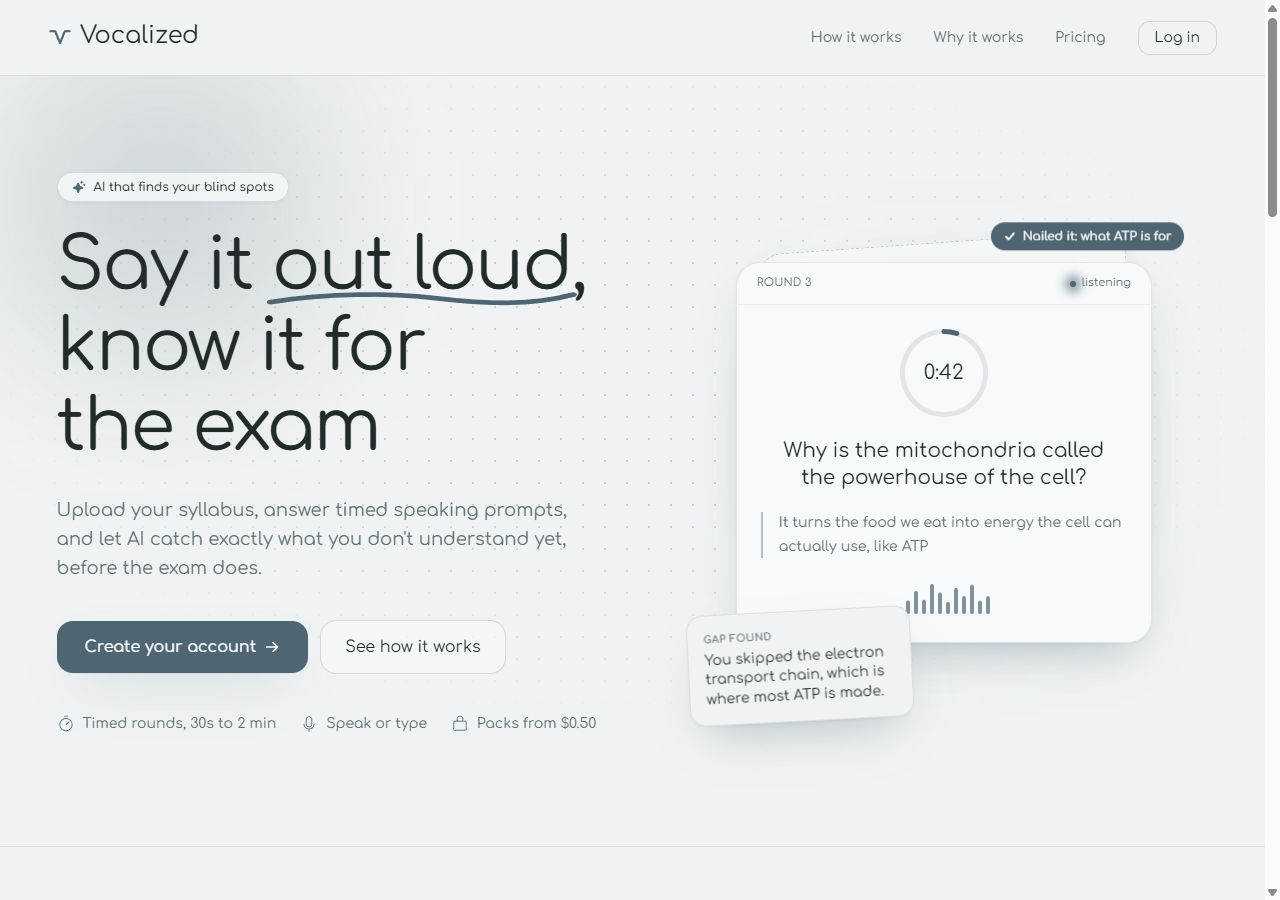 Vocalized landing page with a preview of its spoken study rounds.